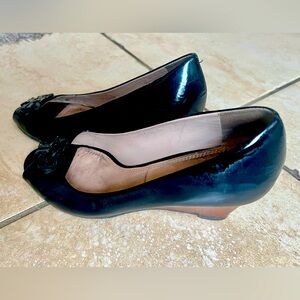 Tory Burch Black Patent Leather Open Toe Wedge Heels